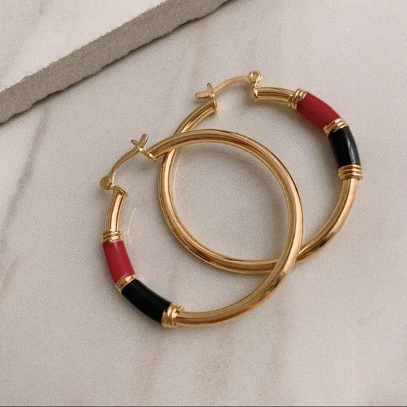 Red Black Enamel Tube Hoops | 18k Gold Filled - Picture 5 of 6